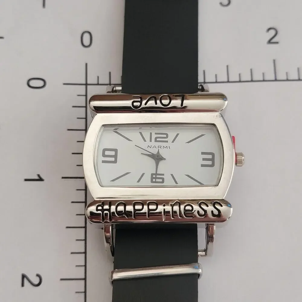 Vintage Narmi 5582 Womens Watch White Dial Love Happiness Black Strap Quartz